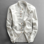 Men's Long Sleeve Button Front Shirt with Stand Collar and Shoulder Yoke