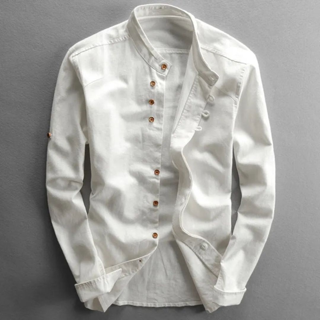 Men's Long Sleeve Button Front Shirt with Stand Collar and Shoulder Yoke