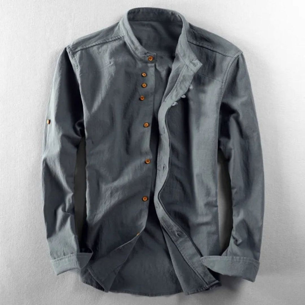 Men's Long Sleeve Button Front Shirt with Stand Collar and Shoulder Yoke