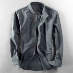 Men's Long Sleeve Button Front Shirt with Stand Collar and Shoulder Yoke