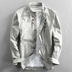 Men's Long Sleeve Button Front Shirt with Stand Collar and Shoulder Yoke