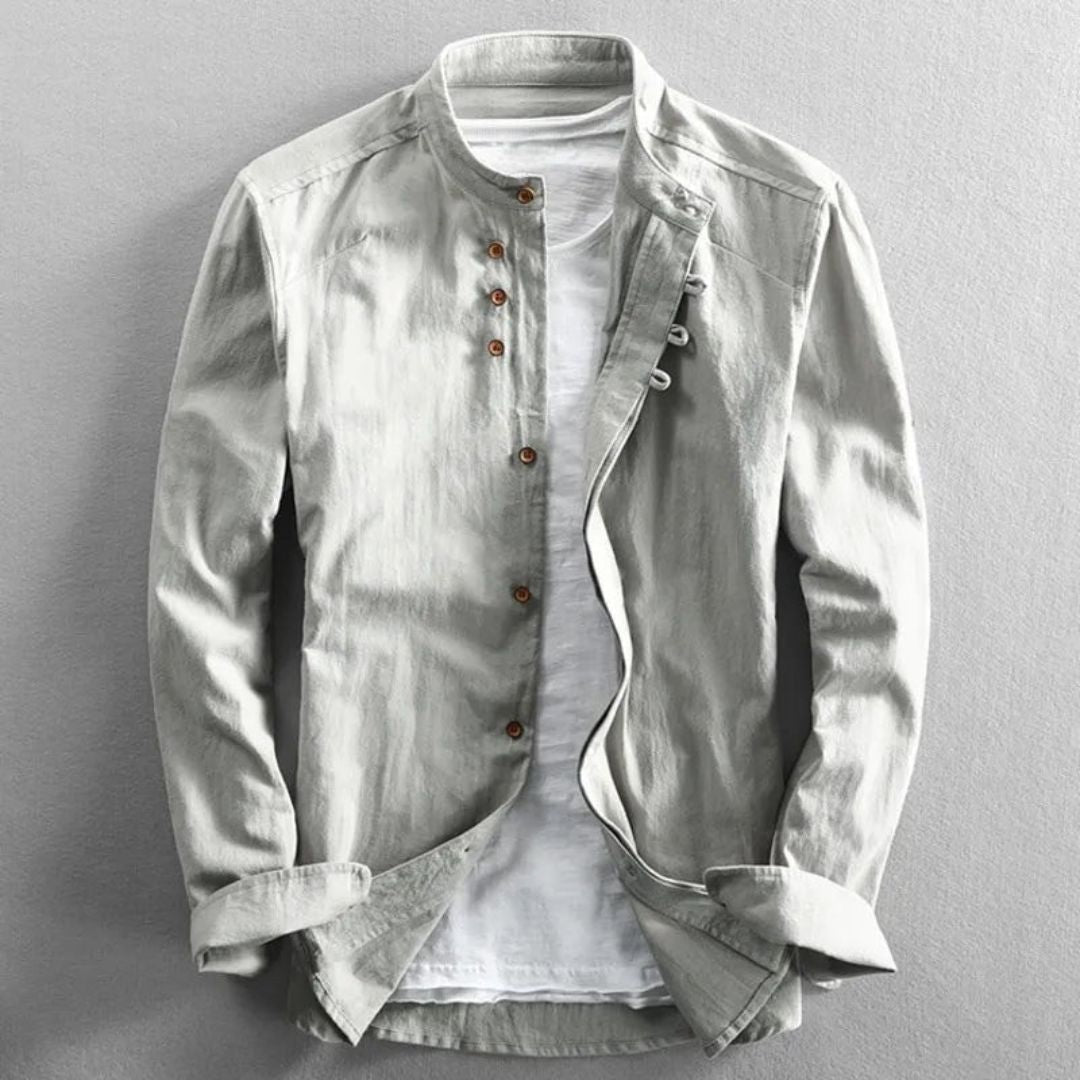 Men's Long Sleeve Button Front Shirt with Stand Collar and Shoulder Yoke