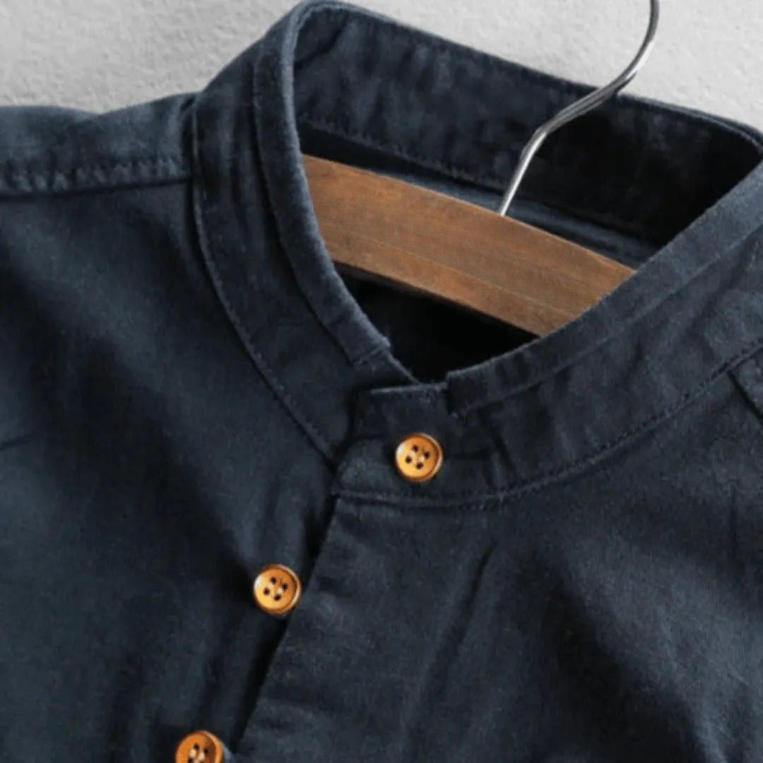 Men's Long Sleeve Button Front Shirt with Stand Collar and Shoulder Yoke
