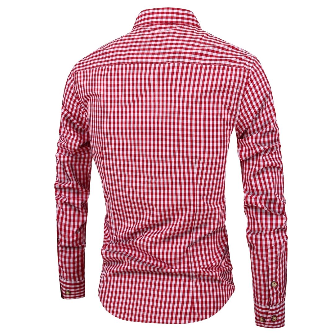 Men's Long Sleeve Gingham Check Shirt with Button-Down Collar and Chest Pocket
