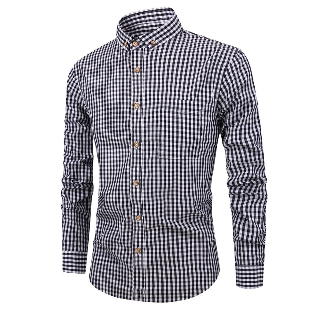 Men's Long Sleeve Gingham Check Shirt with Button-Down Collar and Chest Pocket