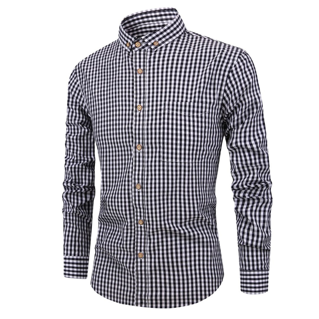 Men's Long Sleeve Gingham Check Shirt with Button-Down Collar and Chest Pocket