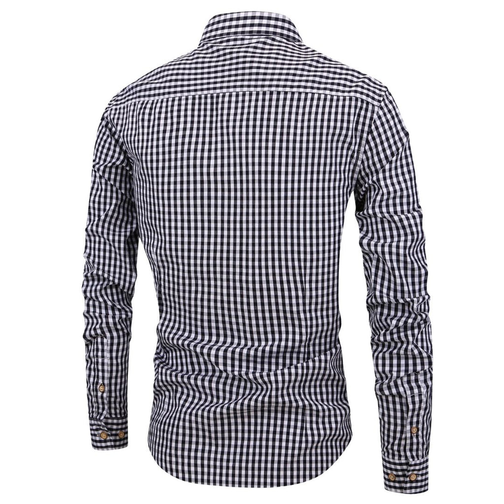 Men's Long Sleeve Gingham Check Shirt with Button-Down Collar and Chest Pocket