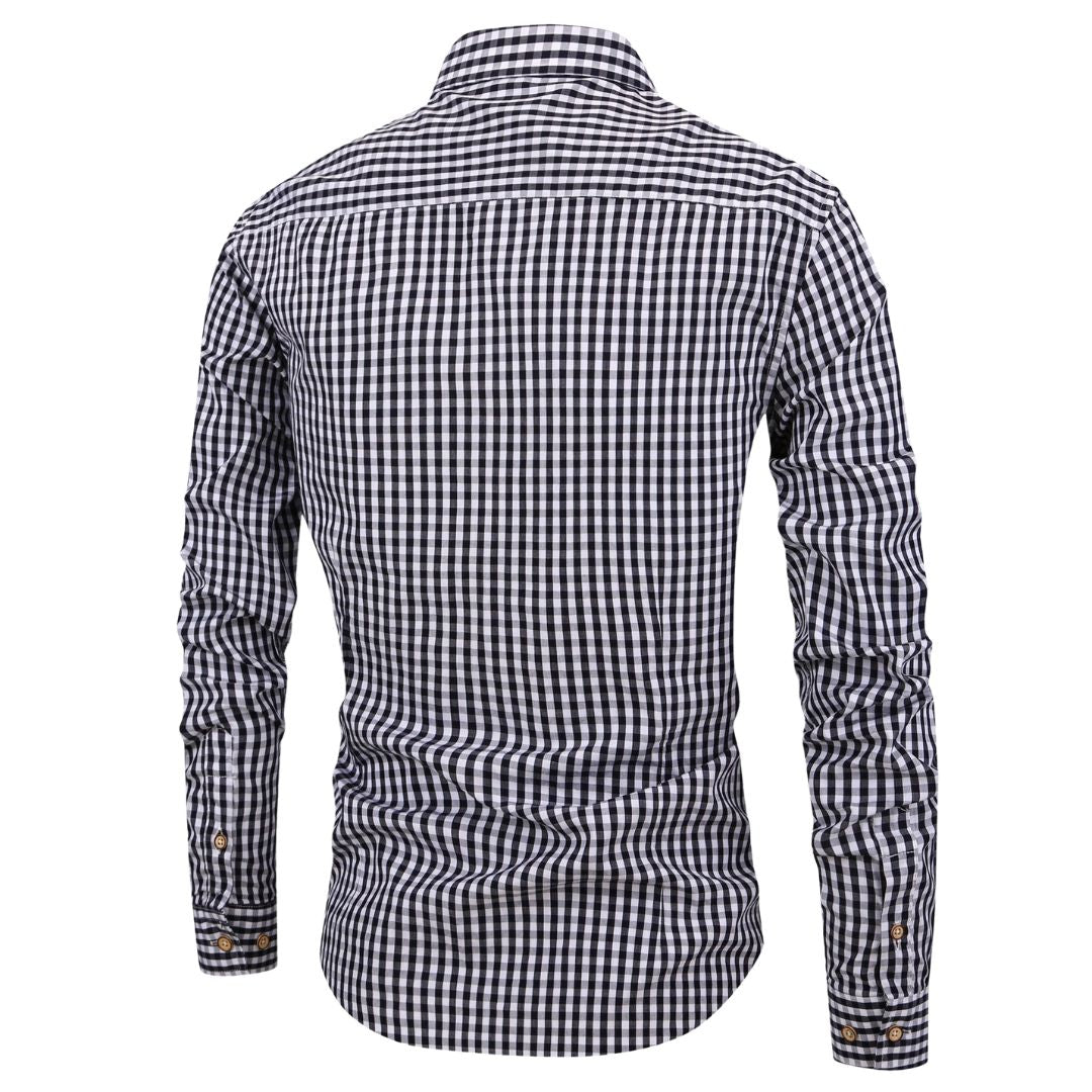 Men's Long Sleeve Gingham Check Shirt with Button-Down Collar and Chest Pocket