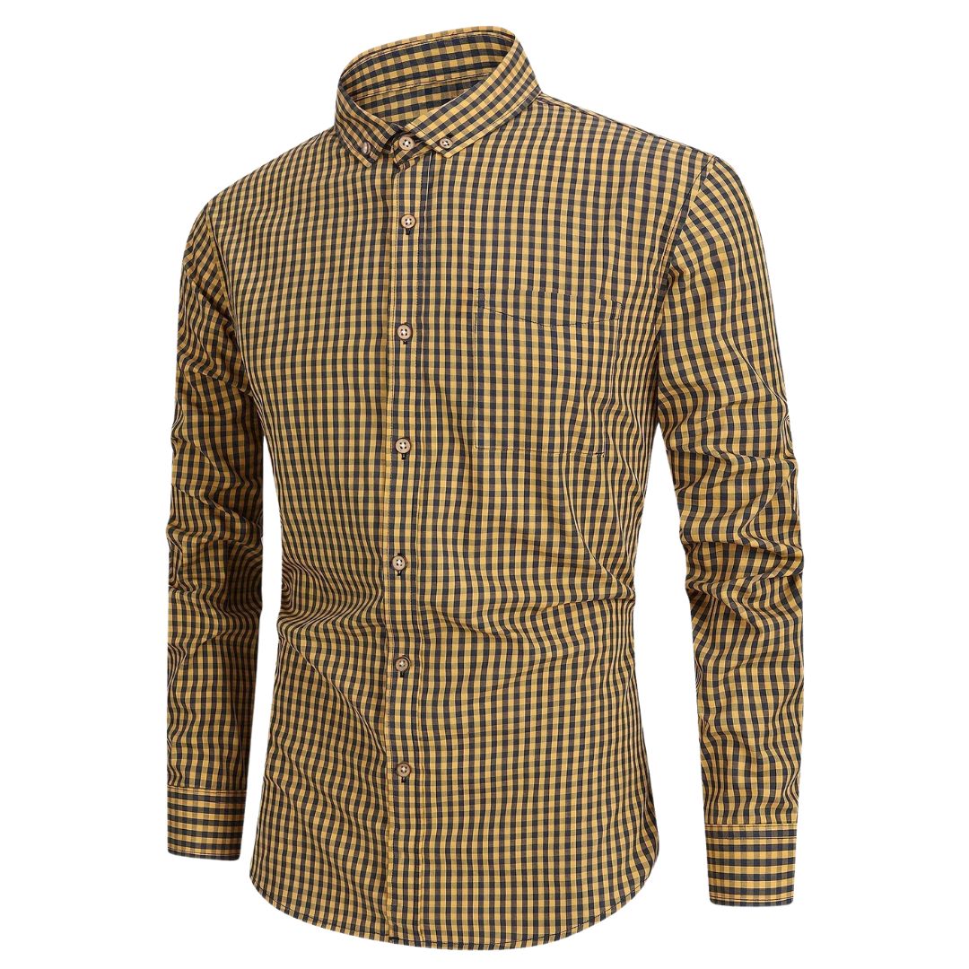 Men's Long Sleeve Gingham Check Shirt with Button-Down Collar and Chest Pocket