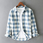 Men's Long Sleeve Plaid Shirt with Spread Collar and Single Chest Pocket