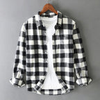 Men's Long Sleeve Plaid Shirt with Spread Collar and Single Chest Pocket