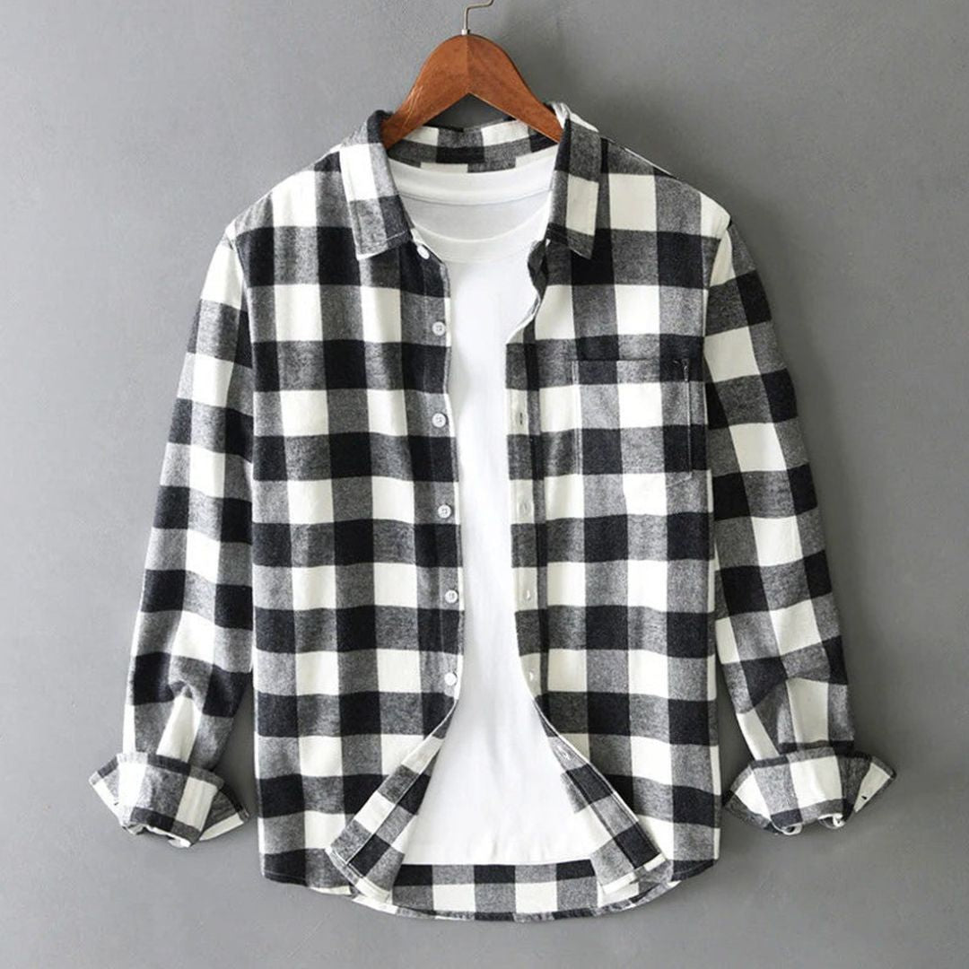 Men's Long Sleeve Plaid Shirt with Spread Collar and Single Chest Pocket