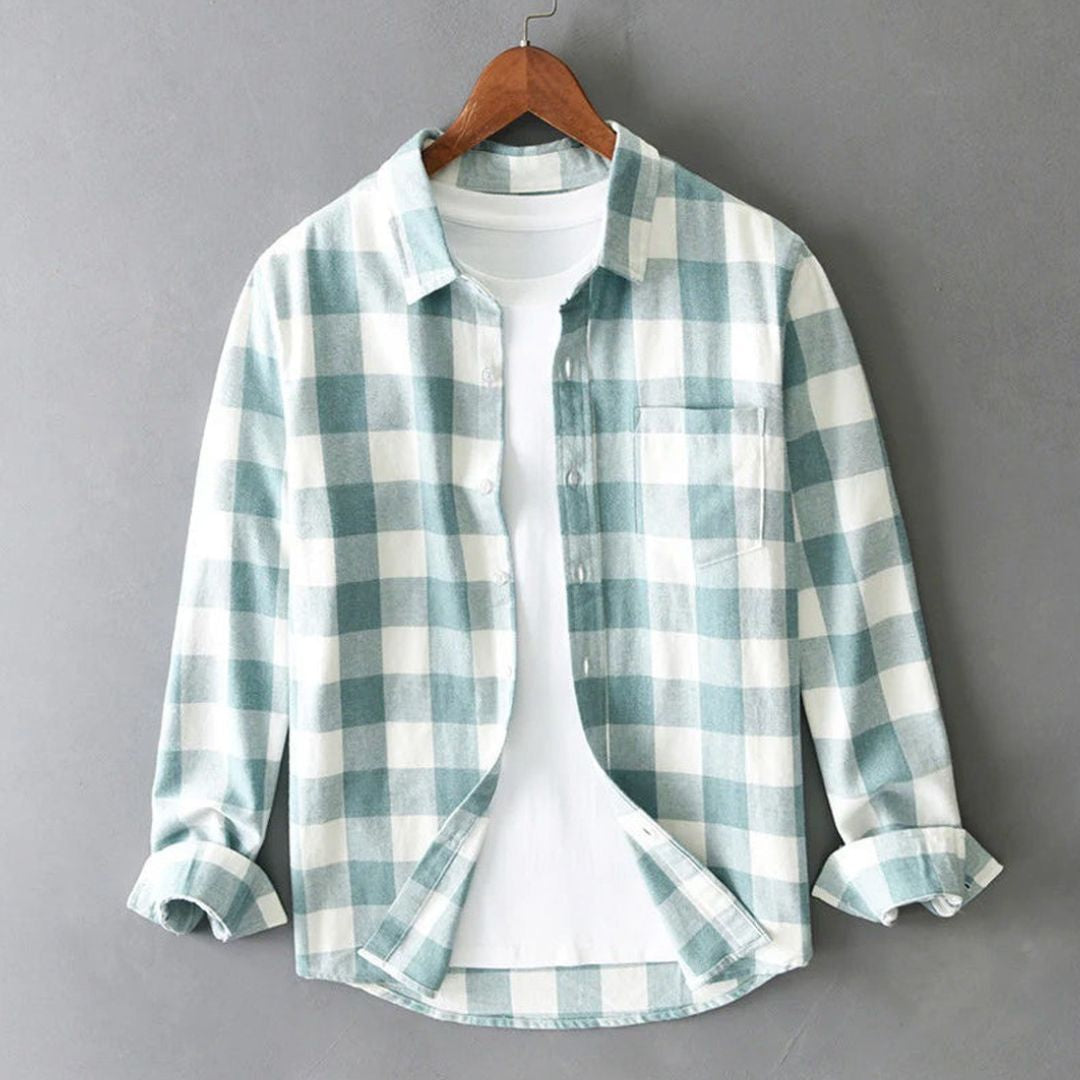 Men's Long Sleeve Plaid Shirt with Spread Collar and Single Chest Pocket