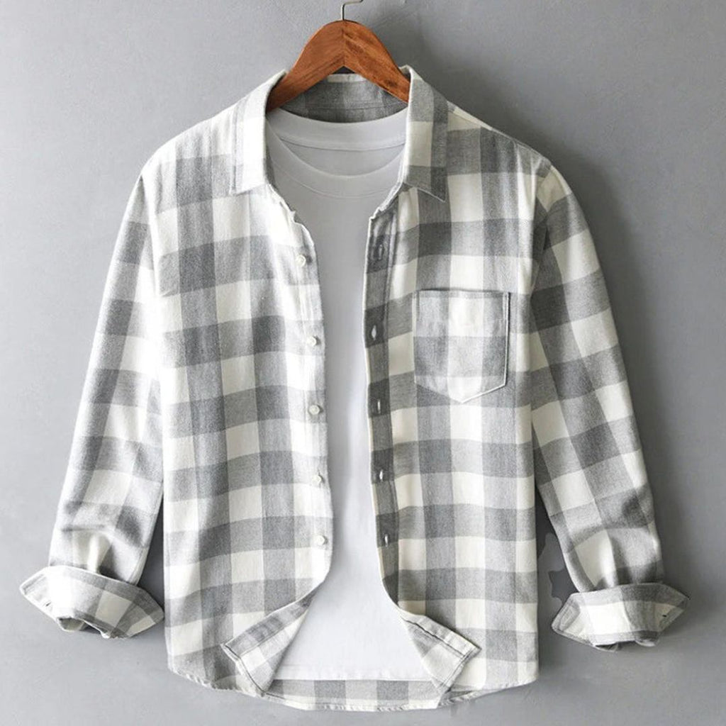 Men's Long Sleeve Plaid Shirt with Spread Collar and Single Chest Pocket