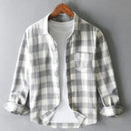 Men's Long Sleeve Plaid Shirt with Spread Collar and Single Chest Pocket