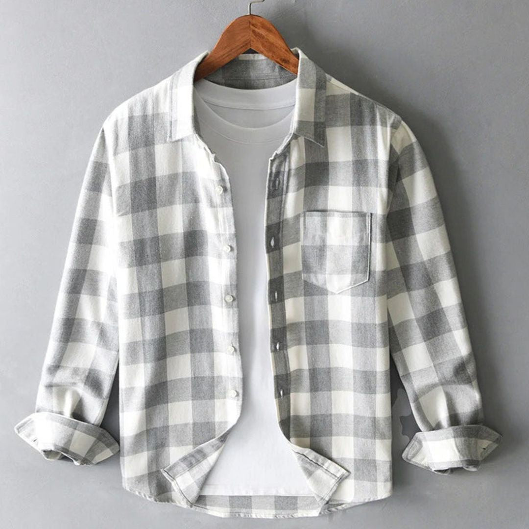Men's Long Sleeve Plaid Shirt with Spread Collar and Single Chest Pocket