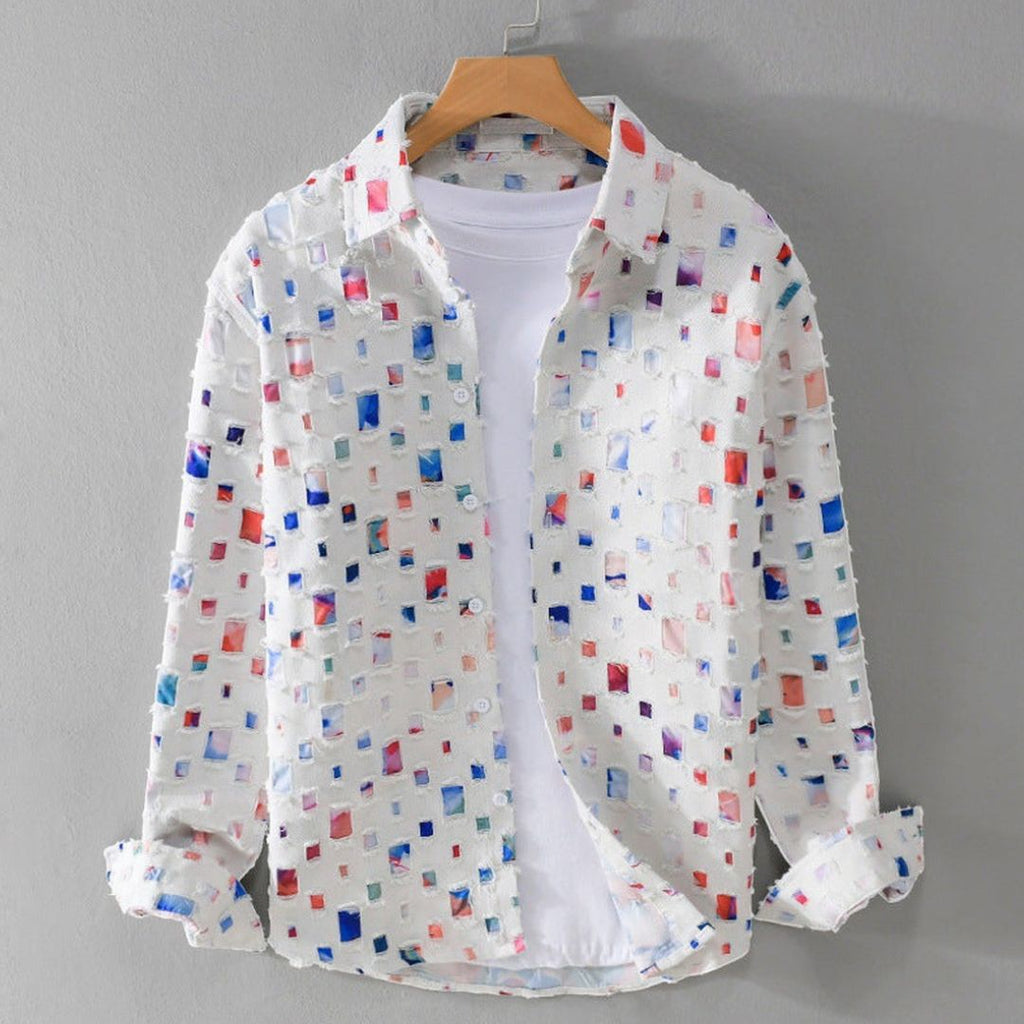 Men's Long Sleeve Shirt with All-Over Square Block Print and Button Front Placket