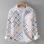 Men's Long Sleeve Shirt with All-Over Square Block Print and Button Front Placket
