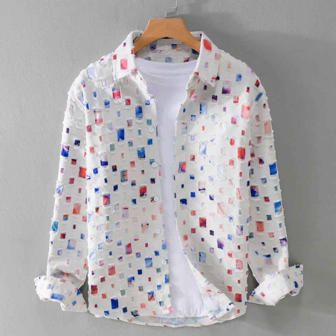 Men's Long Sleeve Shirt with All-Over Square Block Print and Button Front Placket
