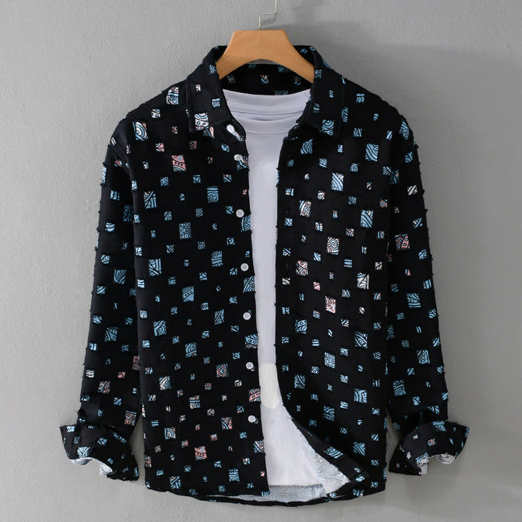 Men's Long Sleeve Shirt with All-Over Square Block Print and Button Front Placket