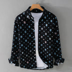 Men's Long Sleeve Shirt with All-Over Square Block Print and Button Front Placket