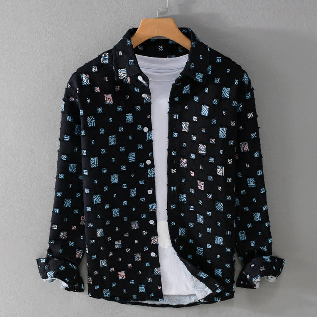 Men's Long Sleeve Shirt with All-Over Square Block Print and Button Front Placket