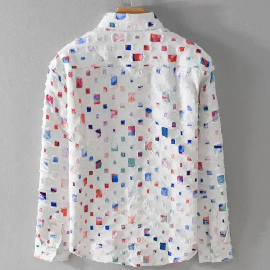 Men's Long Sleeve Shirt with All-Over Square Block Print and Button Front Placket