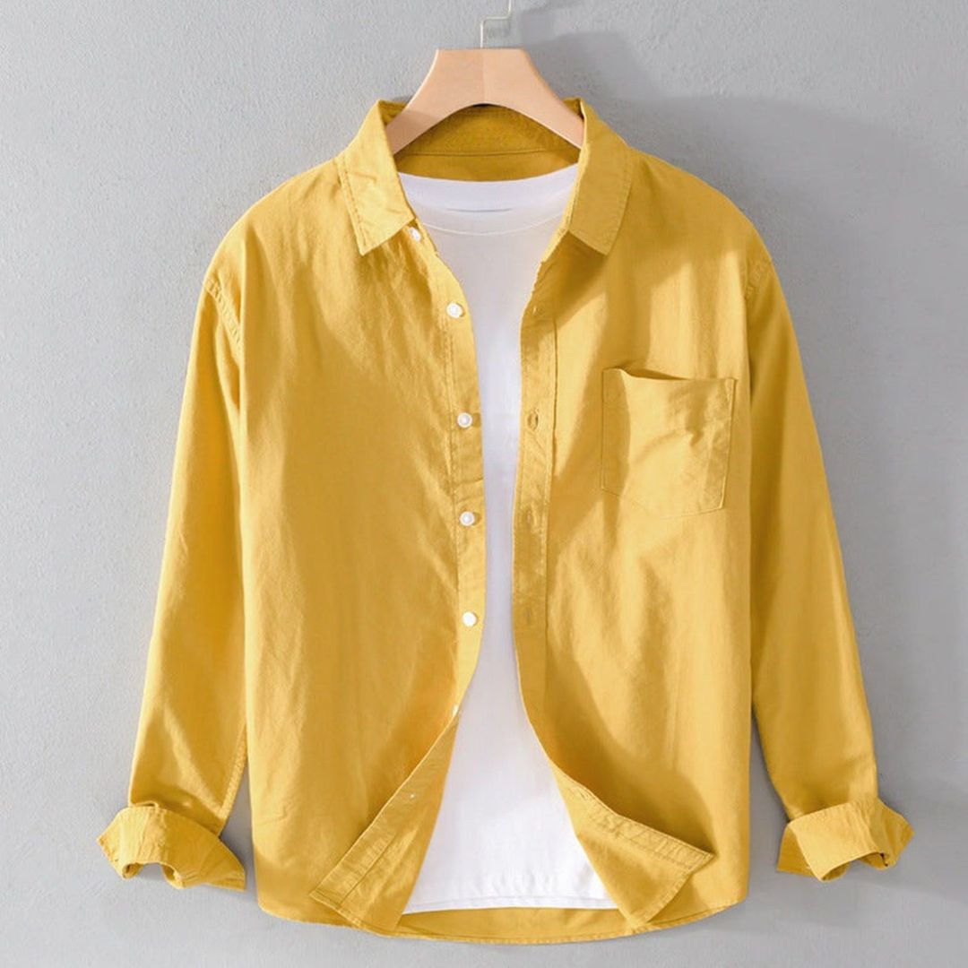 Men's Long Sleeve Shirt with Point Collar and Chest Patch Pocket