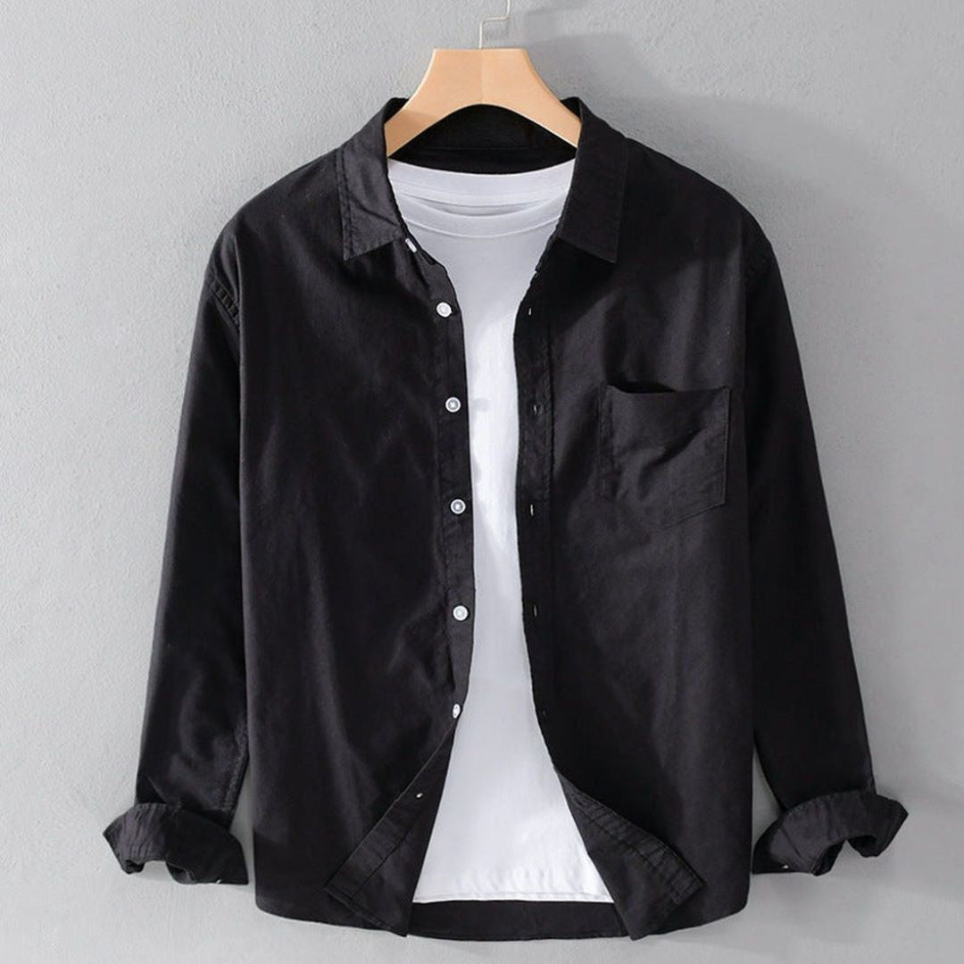 Men's Long Sleeve Shirt with Point Collar and Chest Patch Pocket
