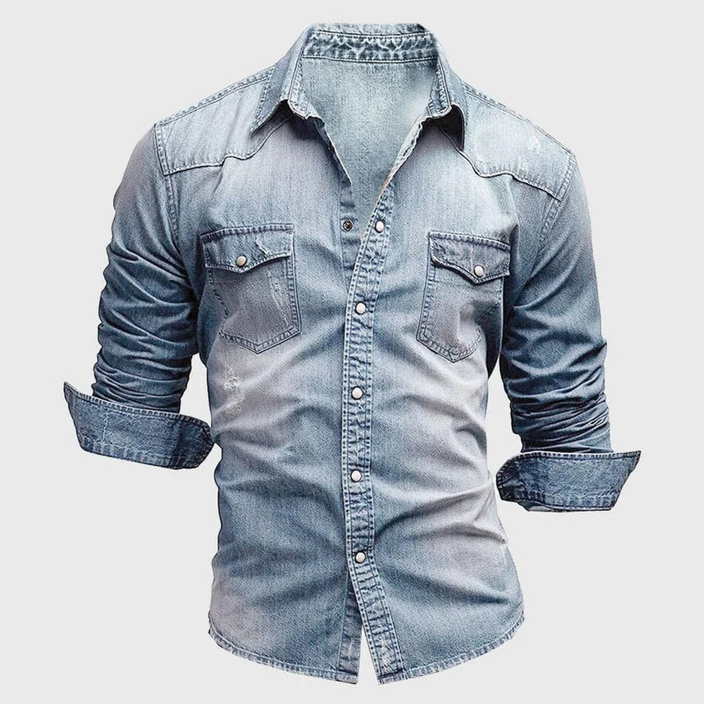 Men's Long Sleeve Shirt with Snap Button Front Dual Chest Pockets and Washed Finish