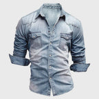 Men's Long Sleeve Shirt with Snap Button Front Dual Chest Pockets and Washed Finish