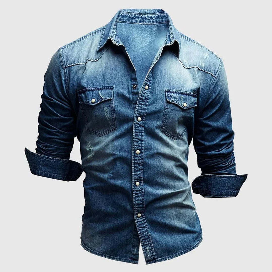Men's Long Sleeve Shirt with Snap Button Front Dual Chest Pockets and Washed Finish