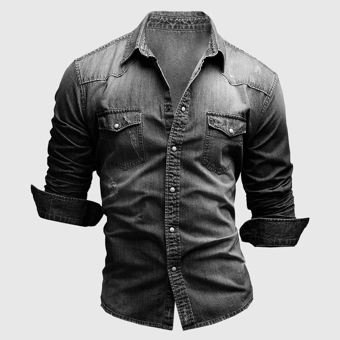 Men's Long Sleeve Shirt with Snap Button Front Dual Chest Pockets and Washed Finish