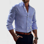 Men's Long Sleeve Striped Shirt with Button-Down Collar and Button Front Placket