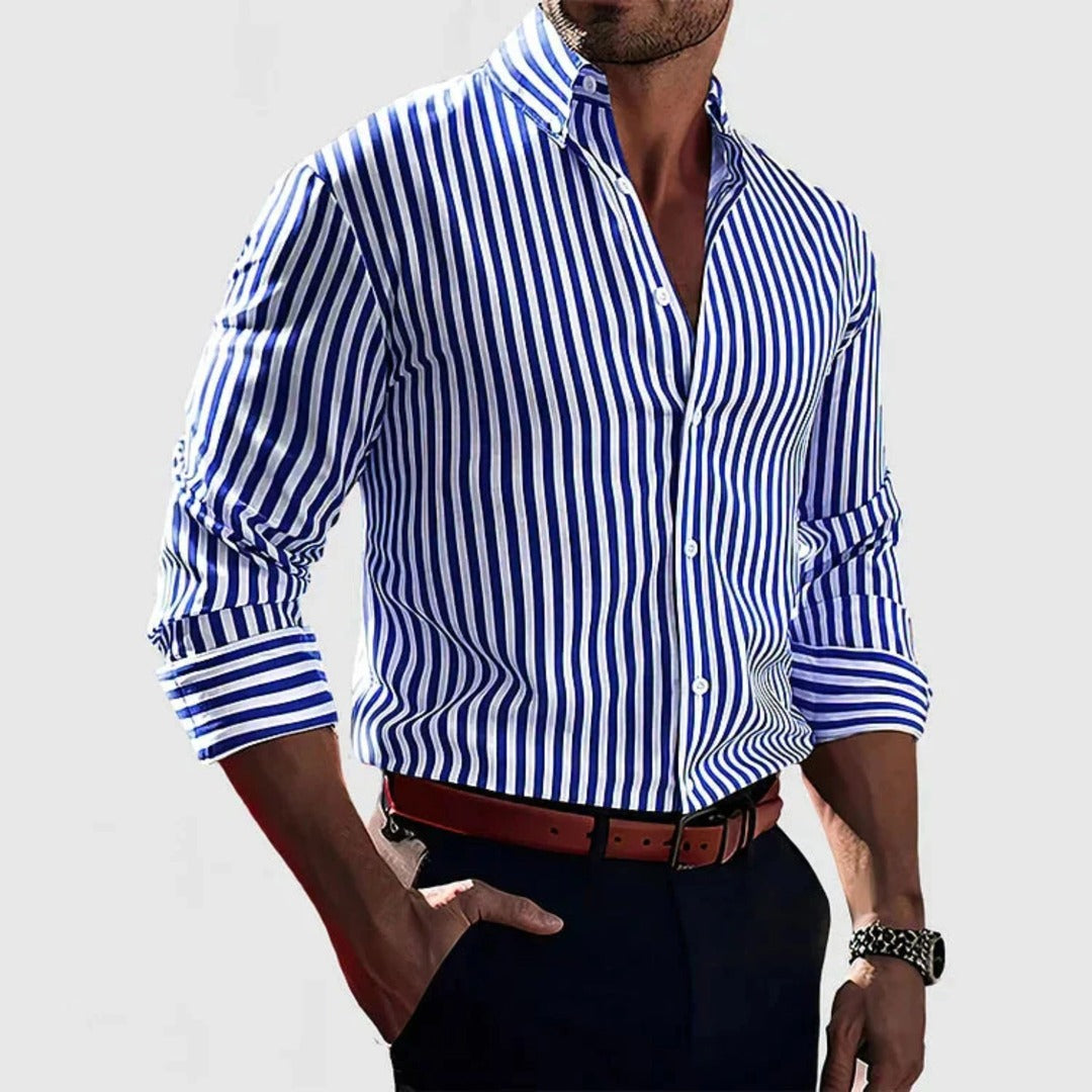 Men's Long Sleeve Striped Shirt with Button-Down Collar and Button Front Placket