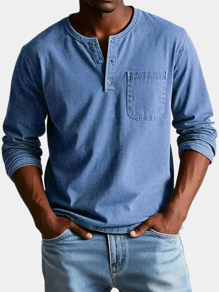 Men's Long Sleeve T Shirt with Henley Collar and Pocket