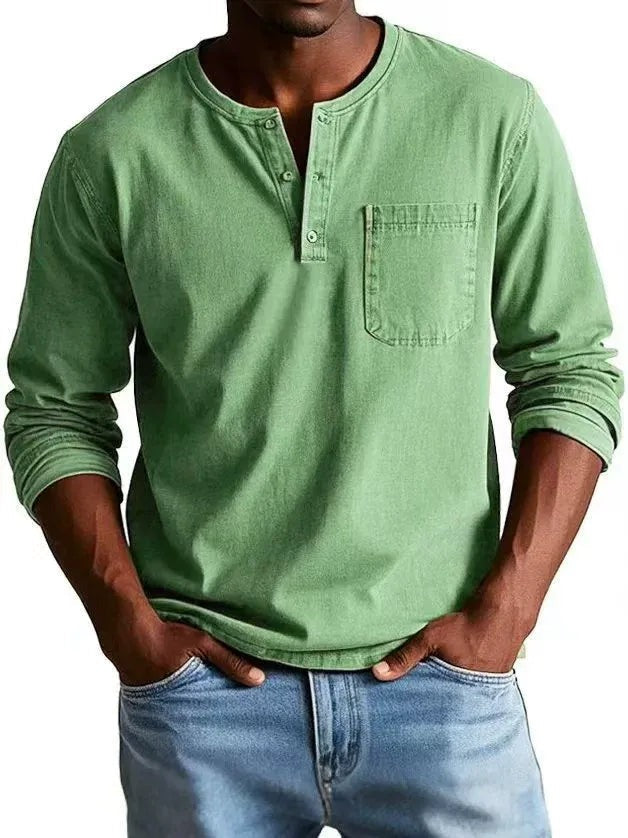 Men's Long Sleeve T Shirt with Henley Collar and Pocket