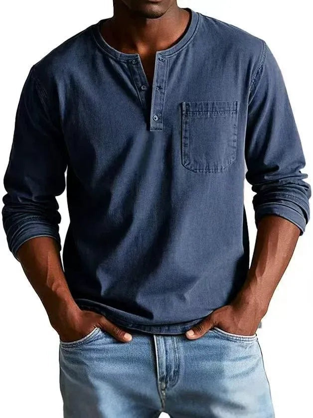 Men's Long Sleeve T Shirt with Henley Collar and Pocket
