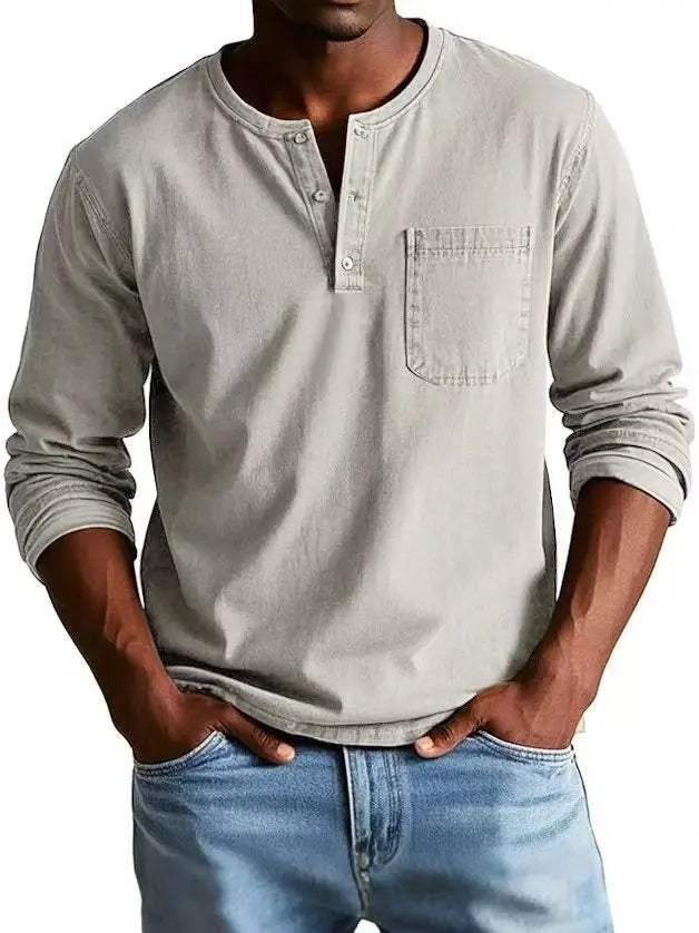 Men's Long Sleeve T Shirt with Henley Collar and Pocket