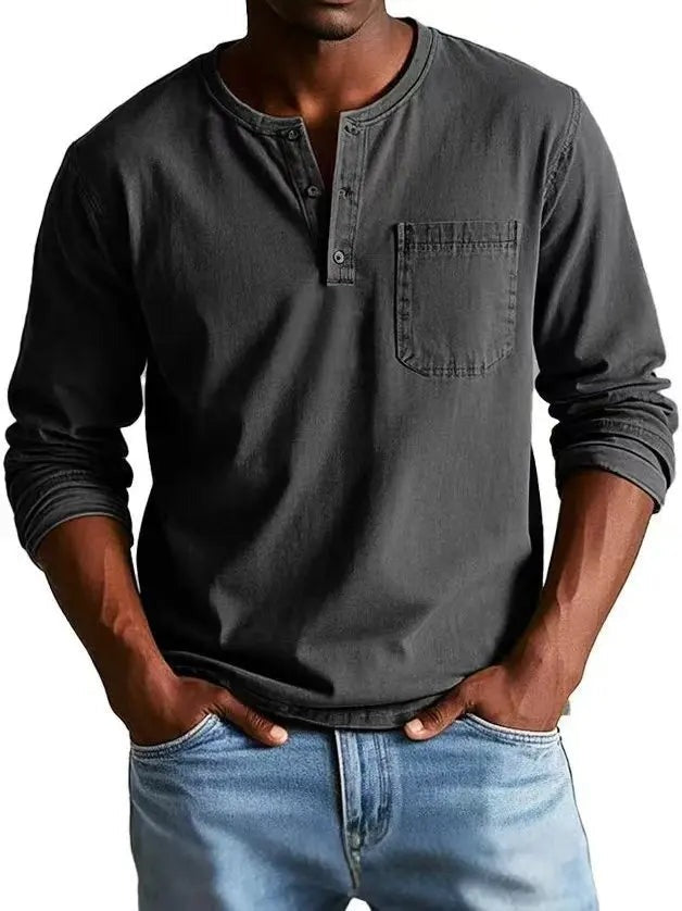 Men's Long Sleeve T Shirt with Henley Collar and Pocket