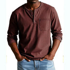 Men's Long Sleeve T Shirt with Henley Collar and Pocket