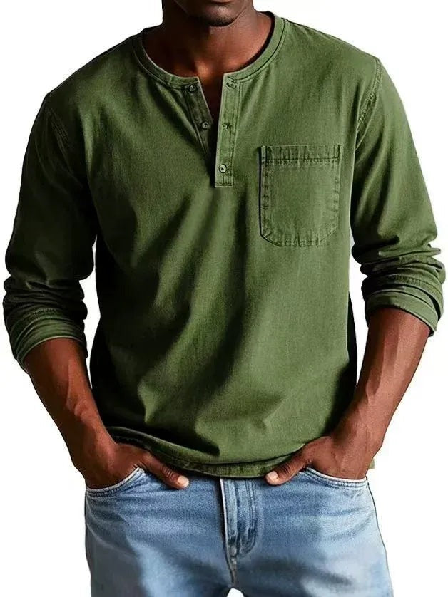 Men's Long Sleeve T Shirt with Henley Collar and Pocket