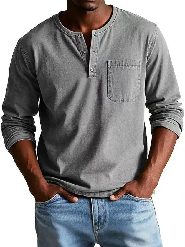 Men's Long Sleeve T Shirt with Henley Collar and Pocket