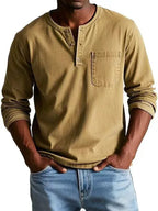 Men's Long Sleeve T Shirt with Henley Collar and Pocket
