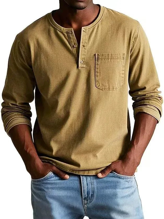Men's Long Sleeve T Shirt with Henley Collar and Pocket