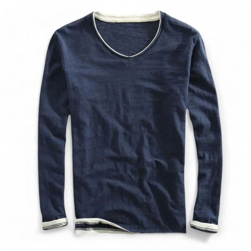 Men's Long Sleeve V-Neck Top with Contrast Layered Trim at Neckline and Cuffs