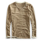 Men's Long Sleeve V-Neck Top with Contrast Layered Trim at Neckline and Cuffs