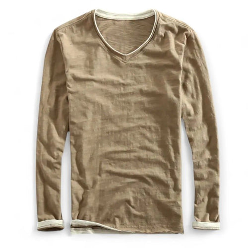 Men's Long Sleeve V-Neck Top with Contrast Layered Trim at Neckline and Cuffs