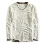 Men's Long Sleeve V-Neck Top with Contrast Layered Trim at Neckline and Cuffs