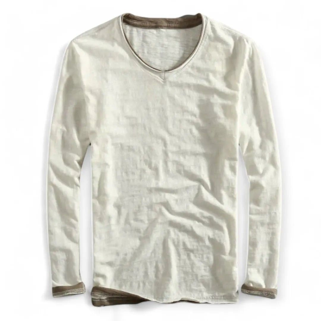 Men's Long Sleeve V-Neck Top with Contrast Layered Trim at Neckline and Cuffs